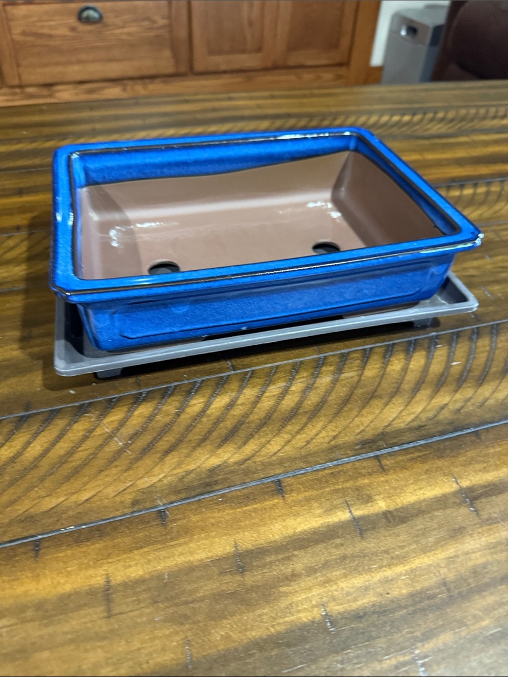 Bonsai Blue Ceramic Rectangular Planter with Tray